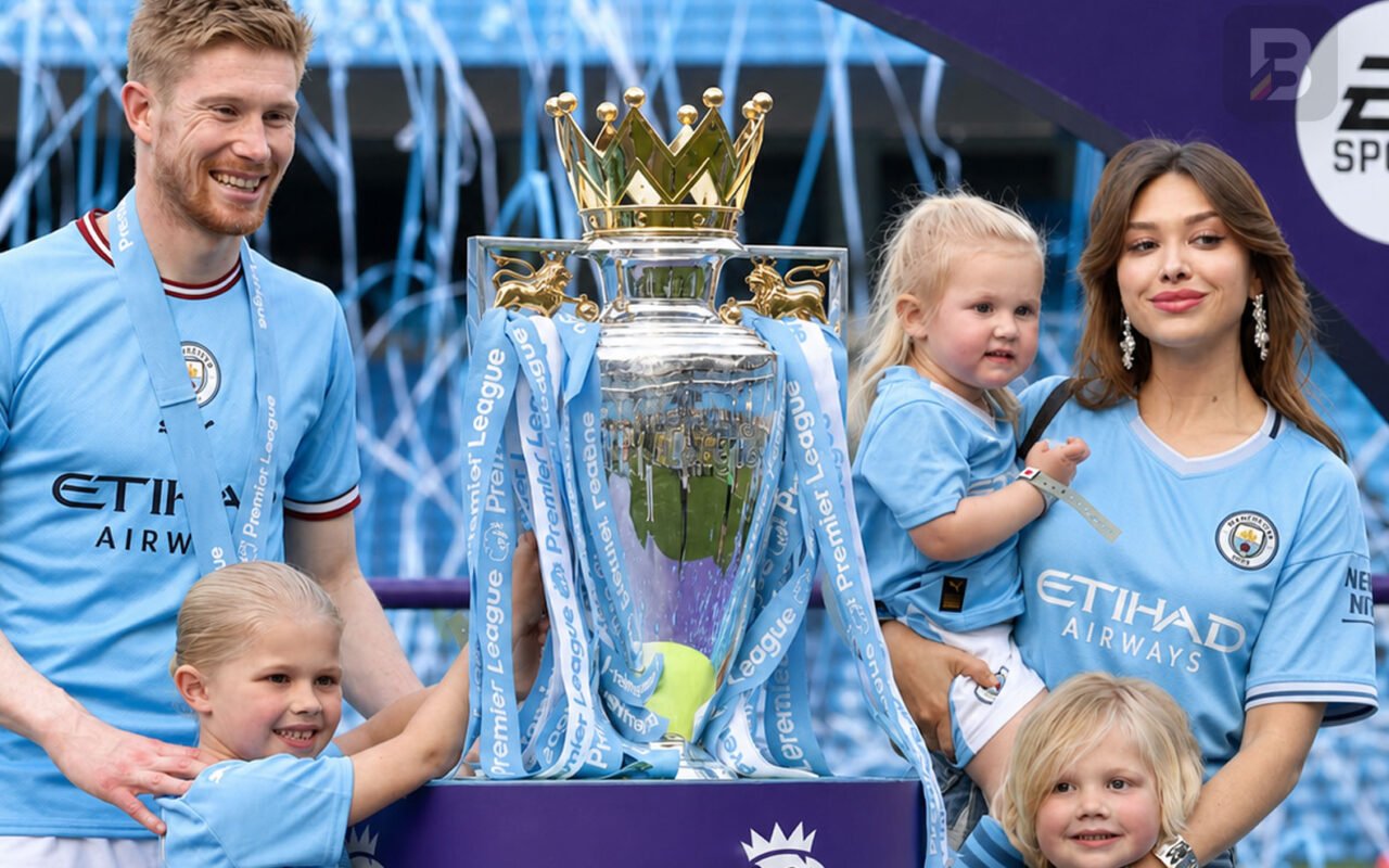 Kevin De Bruyne met zijn vrouw Michèle Lacroix en hun kinderen